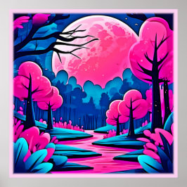 Poster Floresta Artística Cor-de-Rosa ao Luar