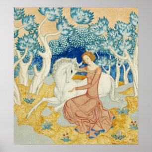 Poster Floresta Azul Caprichosa Arte de Unicórnio e Donze