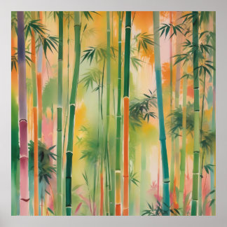 Poster Floresta Bambu densa ao pôr do sol