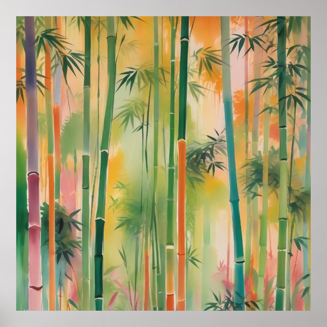 Poster Floresta Bambu densa ao pôr do sol (Frente)