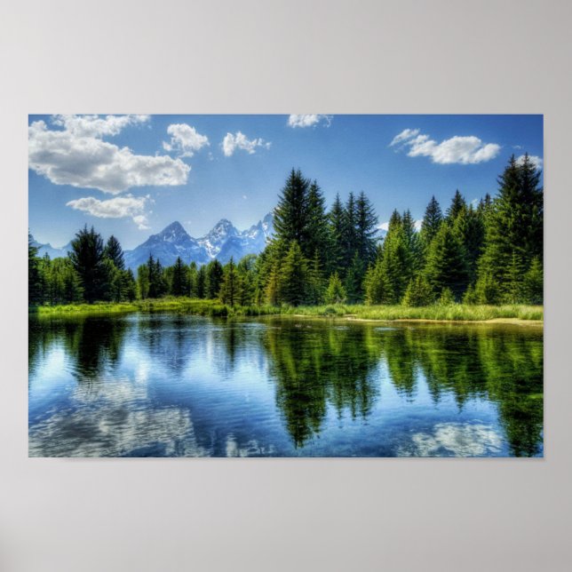 Poster Floresta Brilhante com Montanha e Lago (Frente)