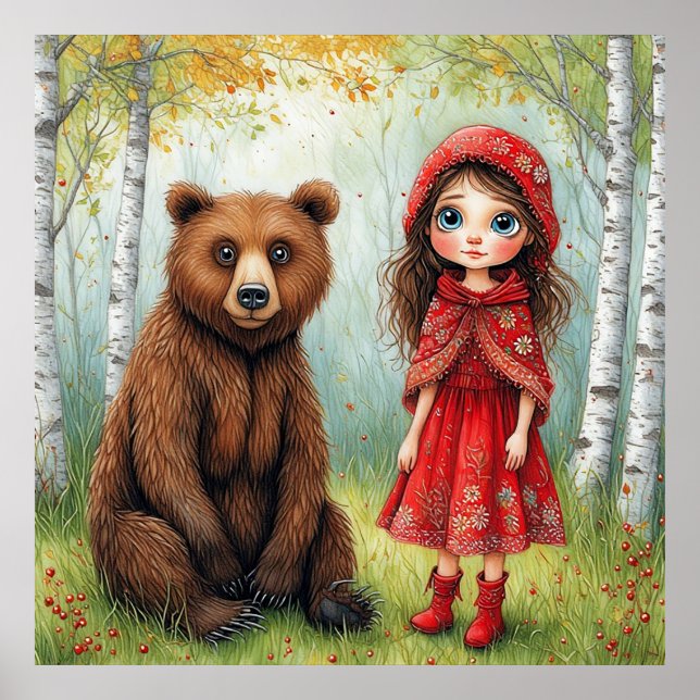 Poster 🌲 Floresta Caprichosa de Menina e Urso para Quart (Frente)