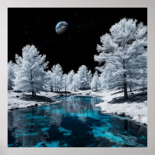 Poster Floresta coberta por neve e lago de tranquilo sob 