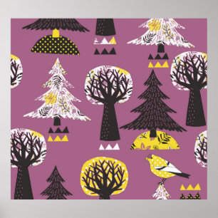 Poster Floresta colorida com aves, azulejo sem costura.