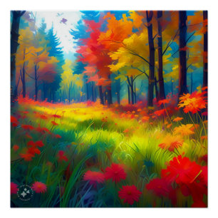 Pôster Floresta com Árvores e Flores Coloridas-47560