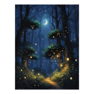 Pôster Floresta com Luzes de Firefly e Lua Crescente