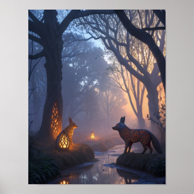 Poster Floresta Crepuscular Radiante com Animais de Madei (Frente)