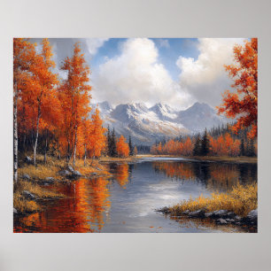 Poster Floresta de Álamo Outonal e Paisagem de Montanhas