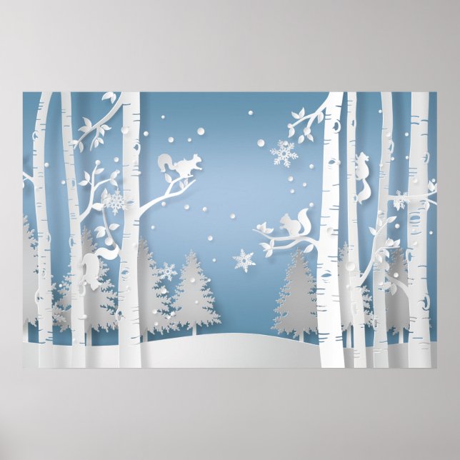 Poster Floresta de Inverno e Esquilos em Papercut (Frente)