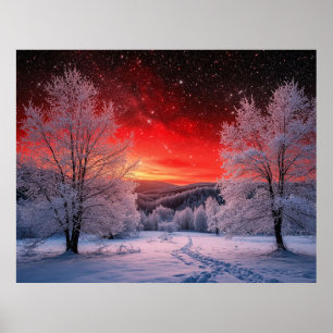 Poster Floresta de Inverno sob Pôr do Sol Vermelho Nature