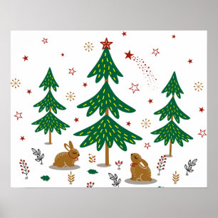 Poster Floresta de Natal Arborizada Estrelada com Coelhos