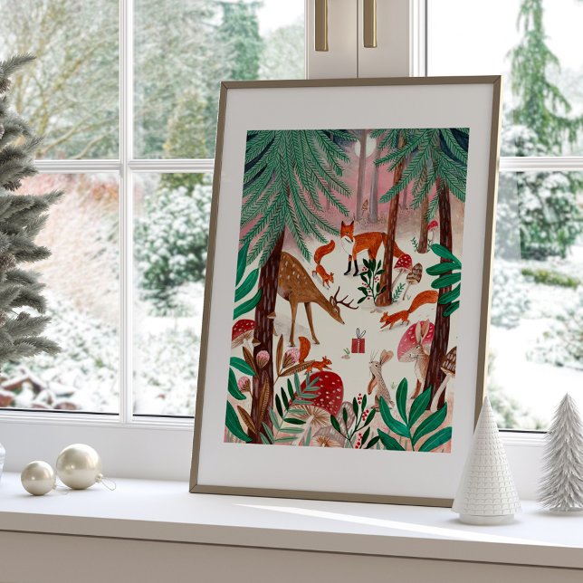 Poster Floresta de Natal Rosa - Animais da Floresta Cura (Cute Woodland Animals Pink Christmas Forest Poster)