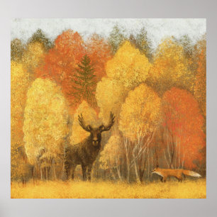 Poster Floresta de outono, cervo digital e raposa.