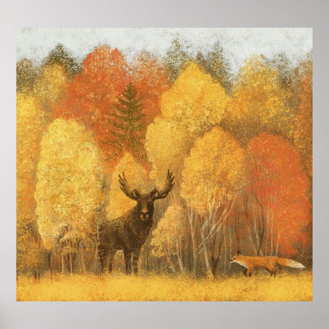 Poster Floresta de outono, cervo digital e raposa. (Frente)