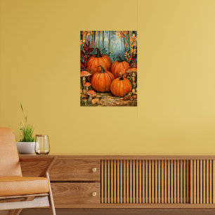 Poster Floresta de outono com abóboras e cogumelos,