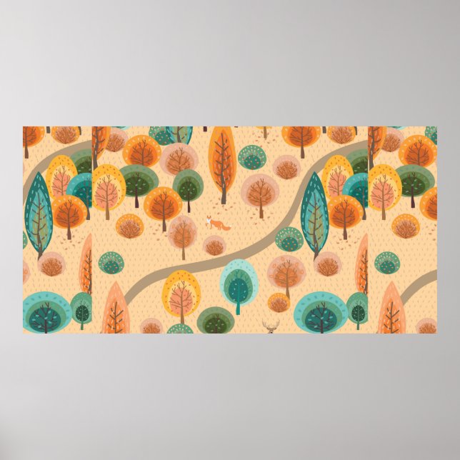 Poster Floresta de outono com árvores de mão plana abstra (Frente)