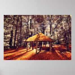 Pôster Floresta de outono e chalé
