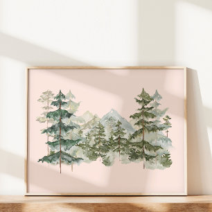 Poster Floresta de pinheiros em aquarela e estética de mo
