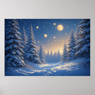 Poster Floresta de Pinheiros Nevada Sob um Céu Noturno Es