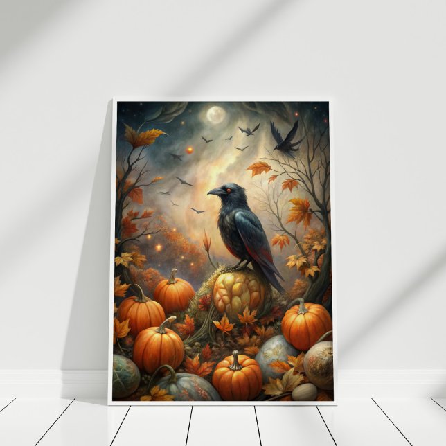 Poster Floresta de Raven e Pumpkin - Fada de outono Escur (Raven and Pumpkin Forest – Dark Autumn Fairy Poster in a white wooden frame)