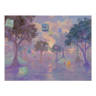 Pôster Floresta de Sonho Vaporwave com Janelas Flutuantes
