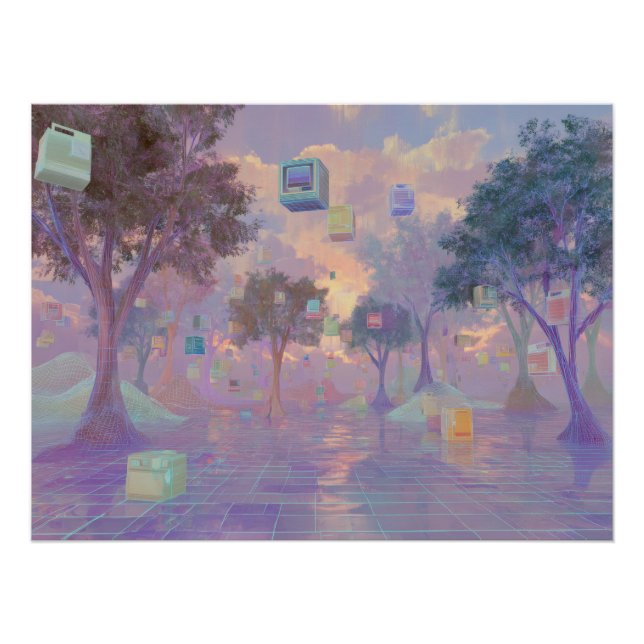 Pôster Floresta de Sonho Vaporwave com Janelas Flutuantes (Frente)