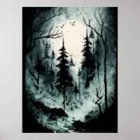 Floresta de Tinta Negra e Branca de Eerie em Nevoe