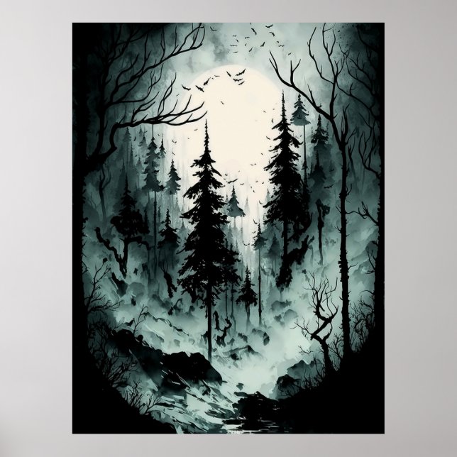 Poster Floresta de Tinta Negra e Branca de Eerie em Nevoe (Frente)