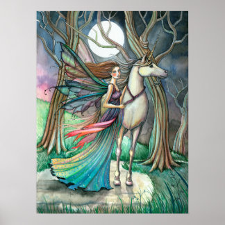 Poster Floresta dos Sonhos Fada e Unicórnio Arte Fantasia
