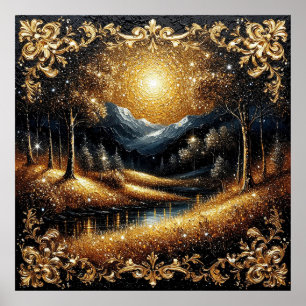 Poster Floresta Dourada Mágica com Montanhas Iluminadas p