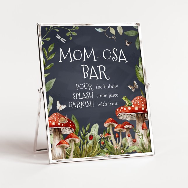 Poster Floresta Encantada Branca Cogumelo Mãe Bar Osa (Rustic Mushroom Baby Shower Mom Osa Bar Sign)