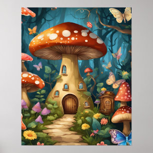 Poster Floresta Encantada de Borboleta de Cogumelo
