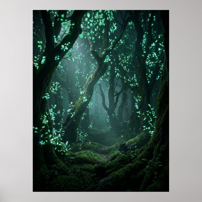 Poster Floresta Encantada e Iluminada Arte Fantasia (Frente)