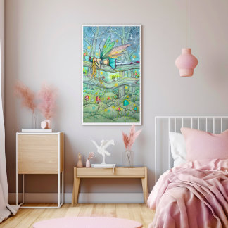 Poster Floresta Encantada Fada e Cogumelos Arte Fantasia