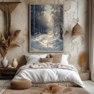 Poster Floresta Encantada Nevada em Branco Monocromático