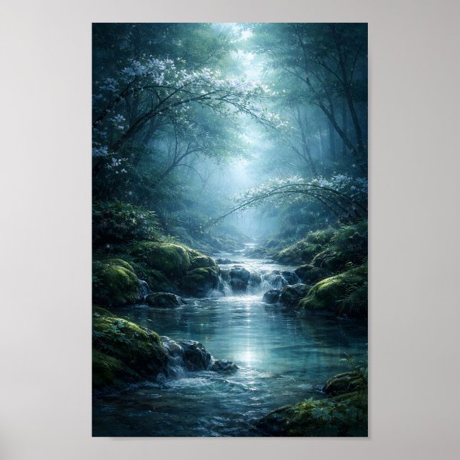 Poster Floresta Encantada Rio Sob Luz da Lua Arte (Frente)