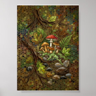 Poster Floresta Mágica Cogumelos Bosque Natureza Musgo Fl