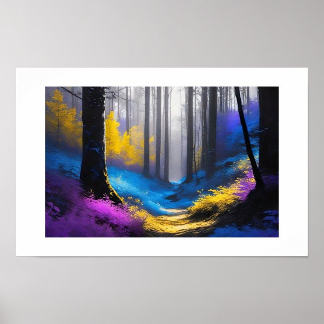 Poster Floresta Mística Azul Roxo e Amarelo Vibrante (Frente)