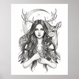 Poster Floresta Mística Eslava Deusa Lua & Cervo Vinil S
