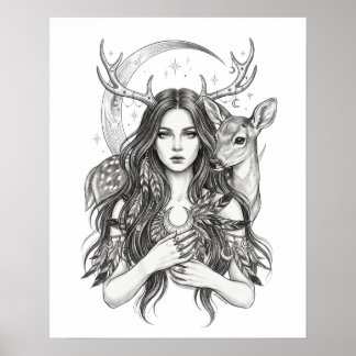 Poster Floresta Mística Eslava Deusa Lua & Cervo Vinil S