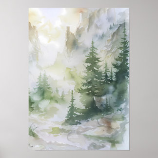 Poster Floresta Nebulosa da Montanha em Aquarela