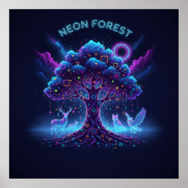 Poster Floresta Neon - Árvore brilhante e Animais Luminos