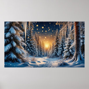 Poster Floresta Nevada de Inverno ❄️ Luz Dourada ✨ Festiv