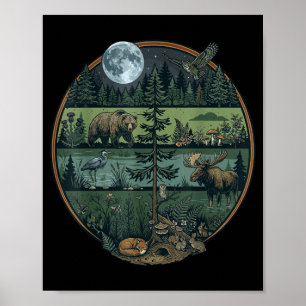 Poster Floresta retrô árvores natureza vida selvagem ao a