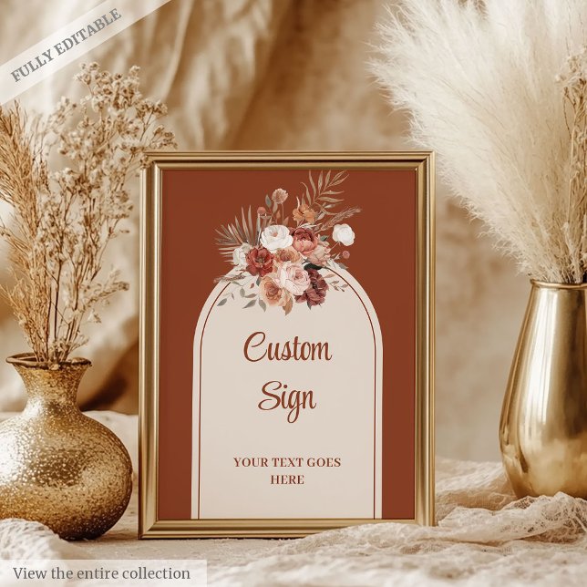 Poster Floresta Rústica, Verde Dourada, Sai Personalizada (Elegant Terracotta Pampas Sage Boho Arch Custom Sign)