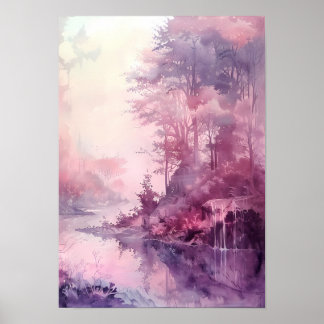 Poster Floresta Sonhadora em Tons de Rosa em Aquarela