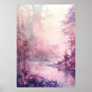 Poster Floresta Sonhadora em Tons de Rosa em Aquarela