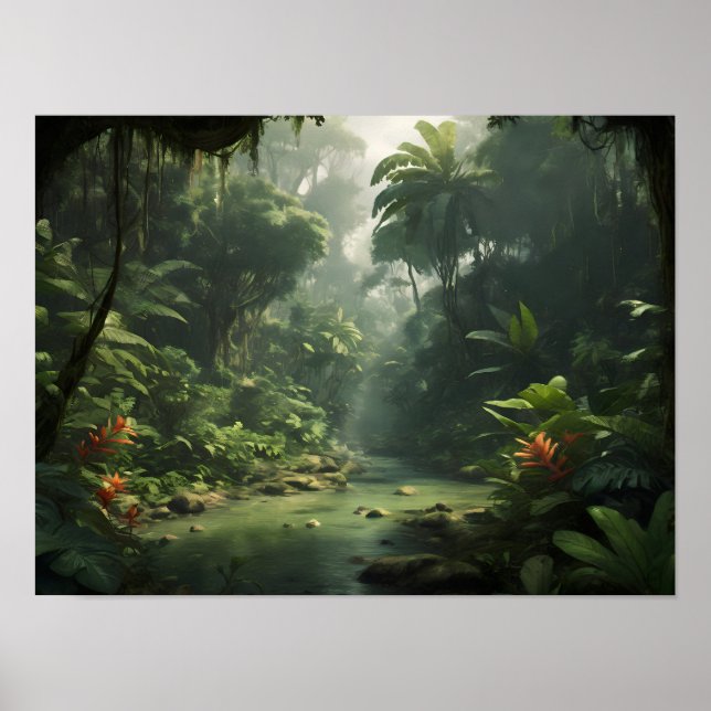 Poster Floresta Tropical Exuberante e Verde Rio da Selva (Frente)