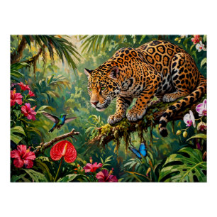 Pôster Floresta Tropical Jaguar Beija-flores Borboletas F