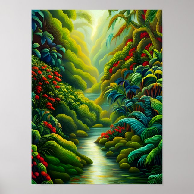 Poster Floresta Tropical Lush com Flores e Stream (Frente)